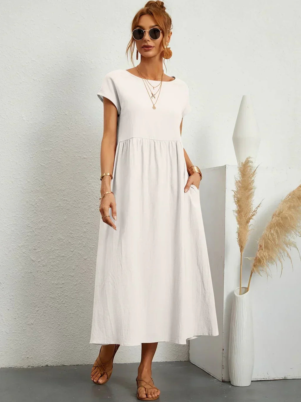 Quorina | Dames Zomer Midi Jurk – Losvallend, Comfortabel en Chic Casual Kledingstuk
