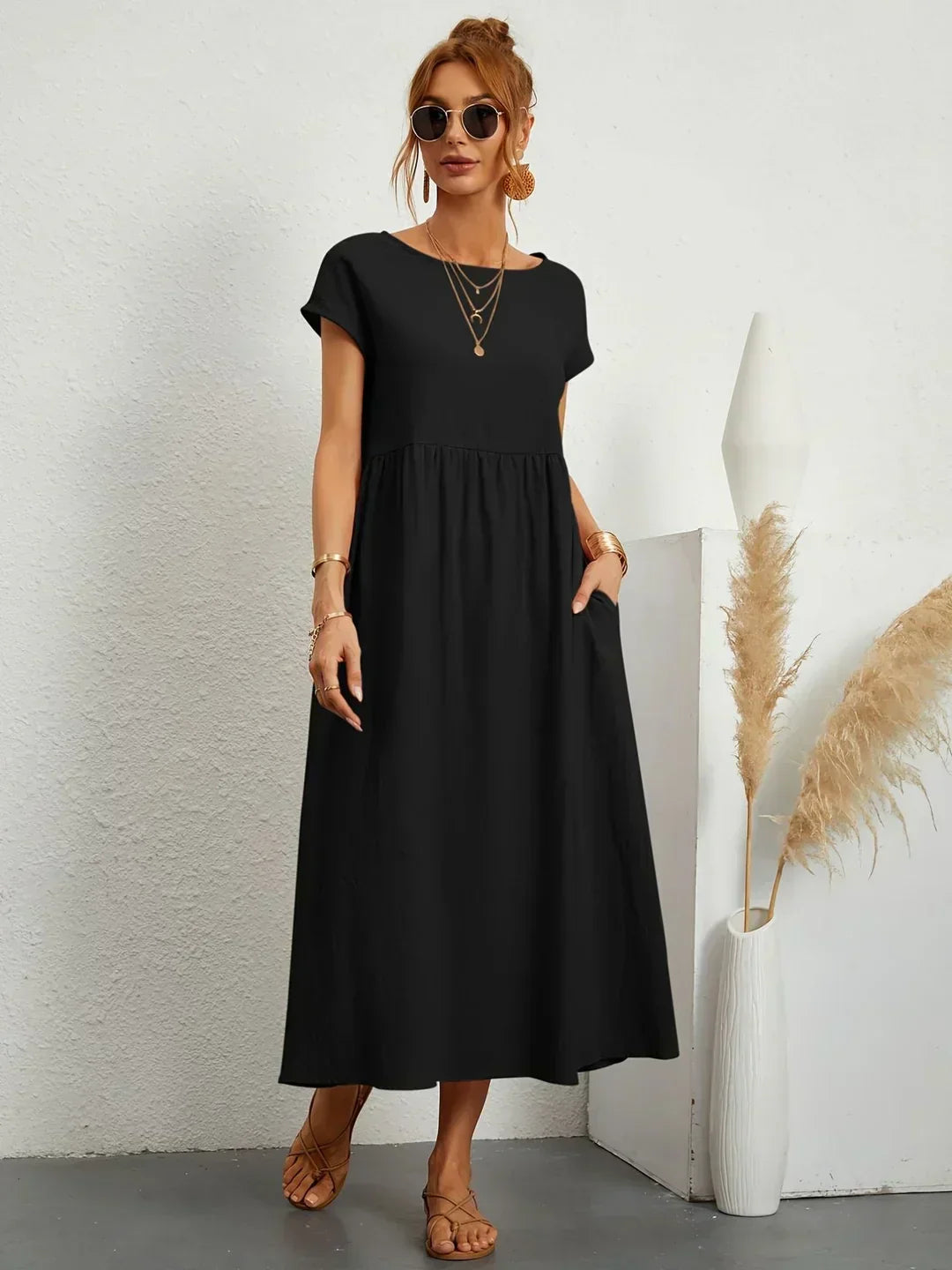 Quorina | Dames Zomer Midi Jurk – Losvallend, Comfortabel en Chic Casual Kledingstuk