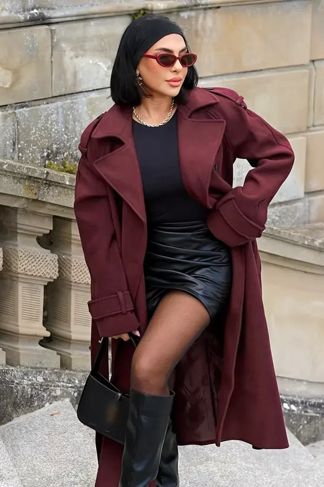 Liva | Trench-coat bordeaux oversize pour femme – Manteau long et élégant pour l'automne et l'hiver