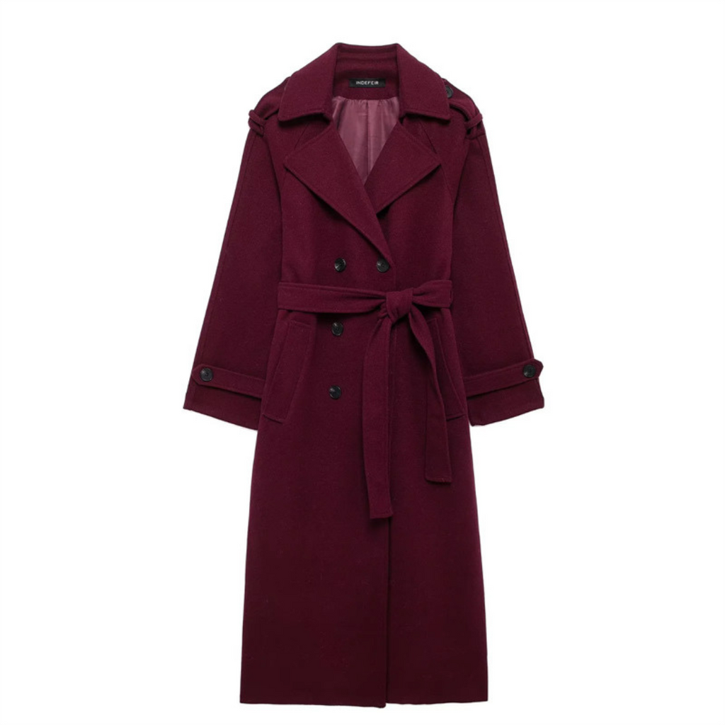 Liva | Trench-coat bordeaux oversize pour femme – Manteau long et élégant pour l'automne et l'hiver