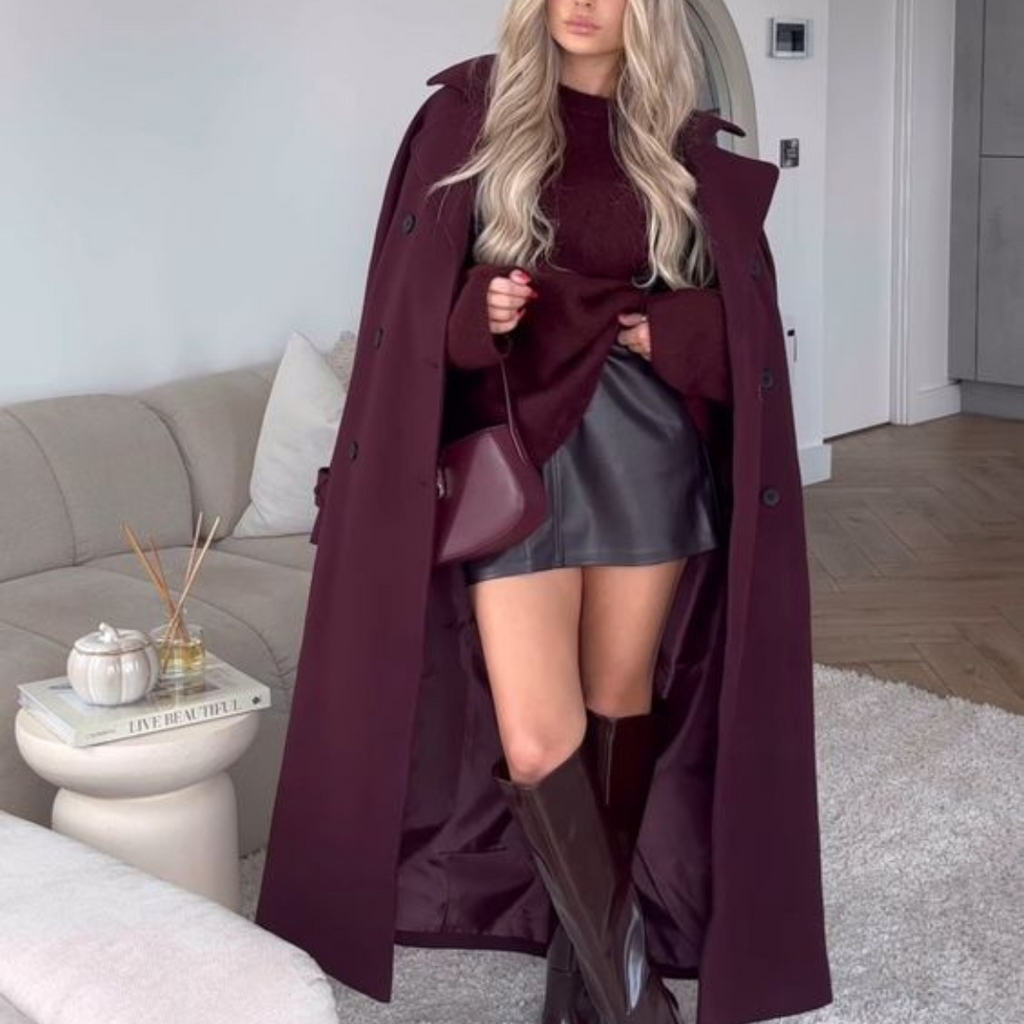 Liva | Trench-coat bordeaux oversize pour femme – Manteau long et élégant pour l'automne et l'hiver