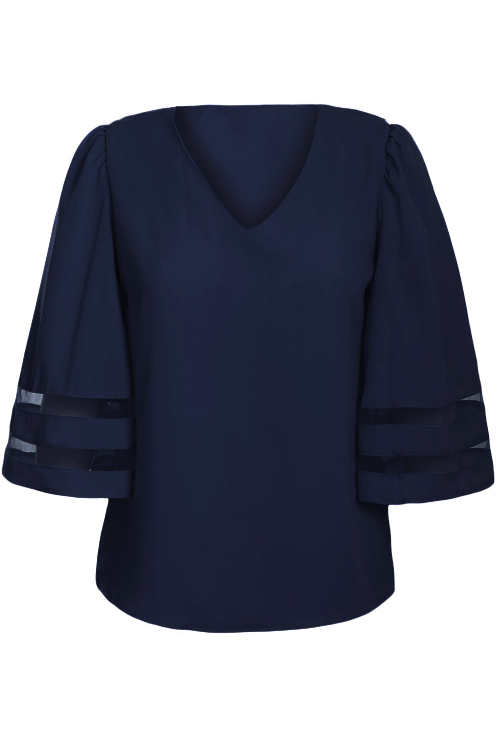 Ralvina | Dames Donkerblauwe Blouse met Wijd Uitlopende Mouwen – Losvallende Chiffon Top met V-hals