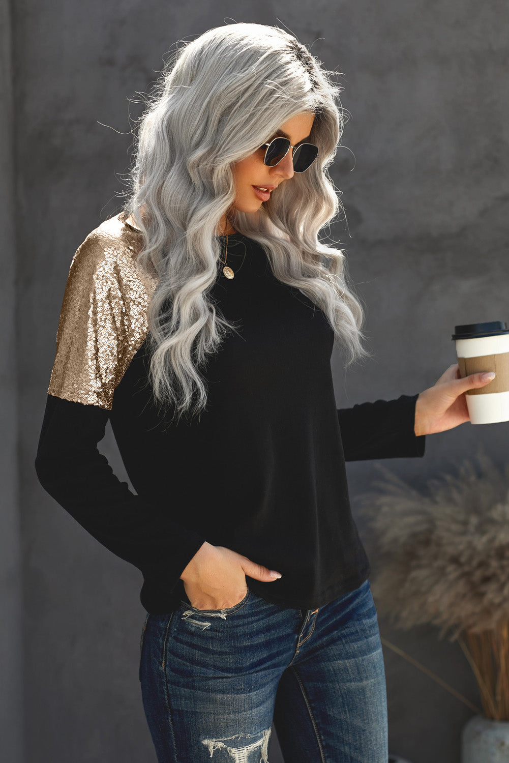 Quendria | Dames Zwarte Trui met Lange Mouwen – Elegante Look met Pailletten op de Schouders