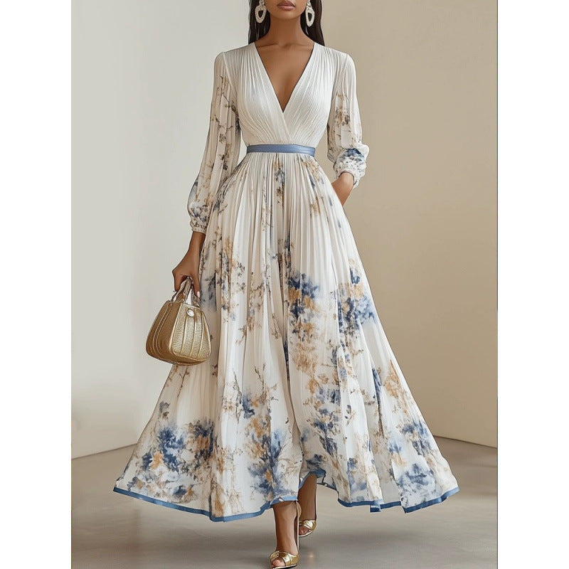 Yvressa | Elegante plooirok voor dames – 3/4 mouwen, diepe V-hals, A-lijn, feest, cocktail & formele gelegenheden