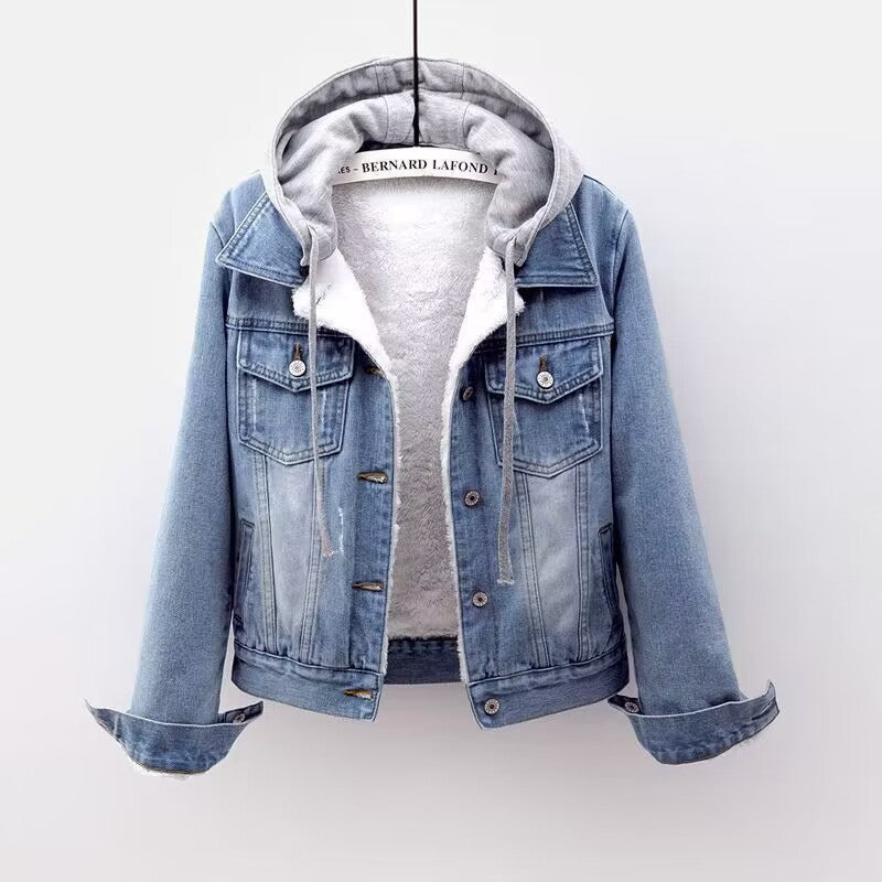 Heloise | Veste en jean pour femme avec doublure sherpa et capuche – effet vintage, manteau d'hiver confortable