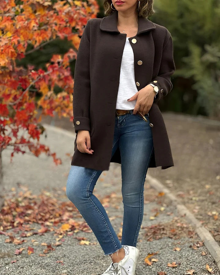 Adlin | Klassieke oversized damesjas met knopen – Halflange herfst-winterjas, casual warme jas