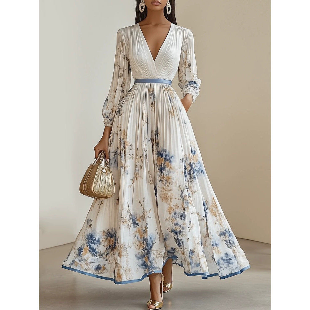 Yvressa | Elegante plooirok voor dames – 3/4 mouwen, diepe V-hals, A-lijn, feest, cocktail & formele gelegenheden