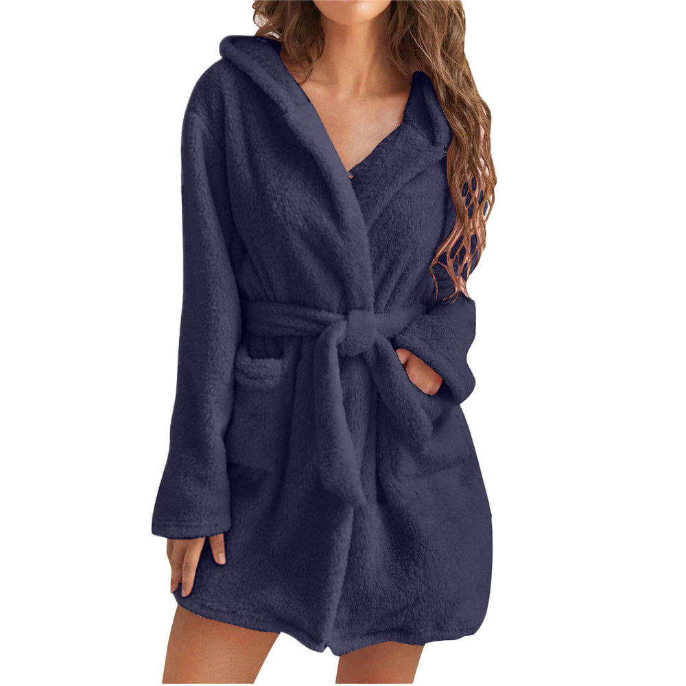 Hoodelle | Fleece badjas voor dames – Zachte badjas met capuchon en strikceintuur, comfortabele warme loungewear