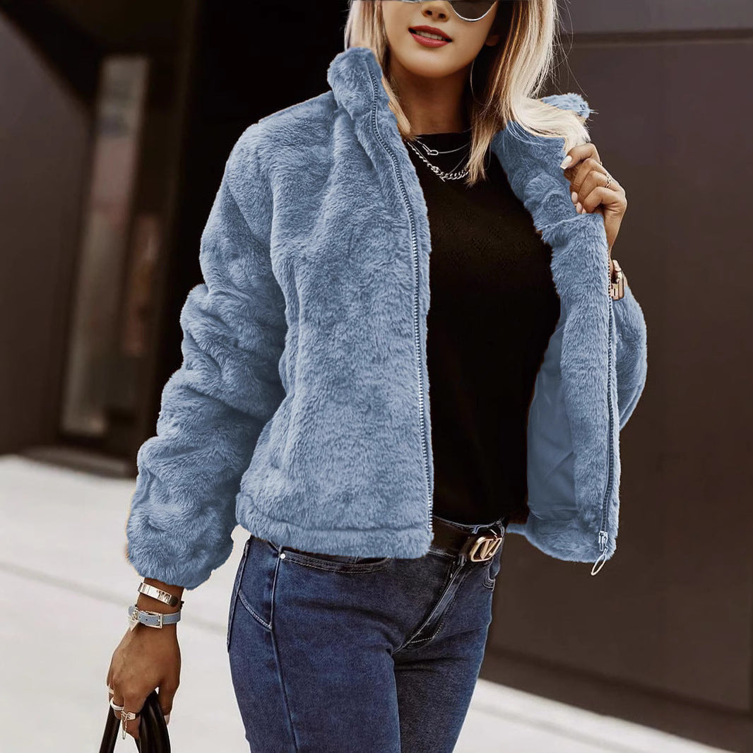 Cendrine | Pluche damesjas met ritssluiting, oversized jas van imitatiebont, winterjas met hoge kraag