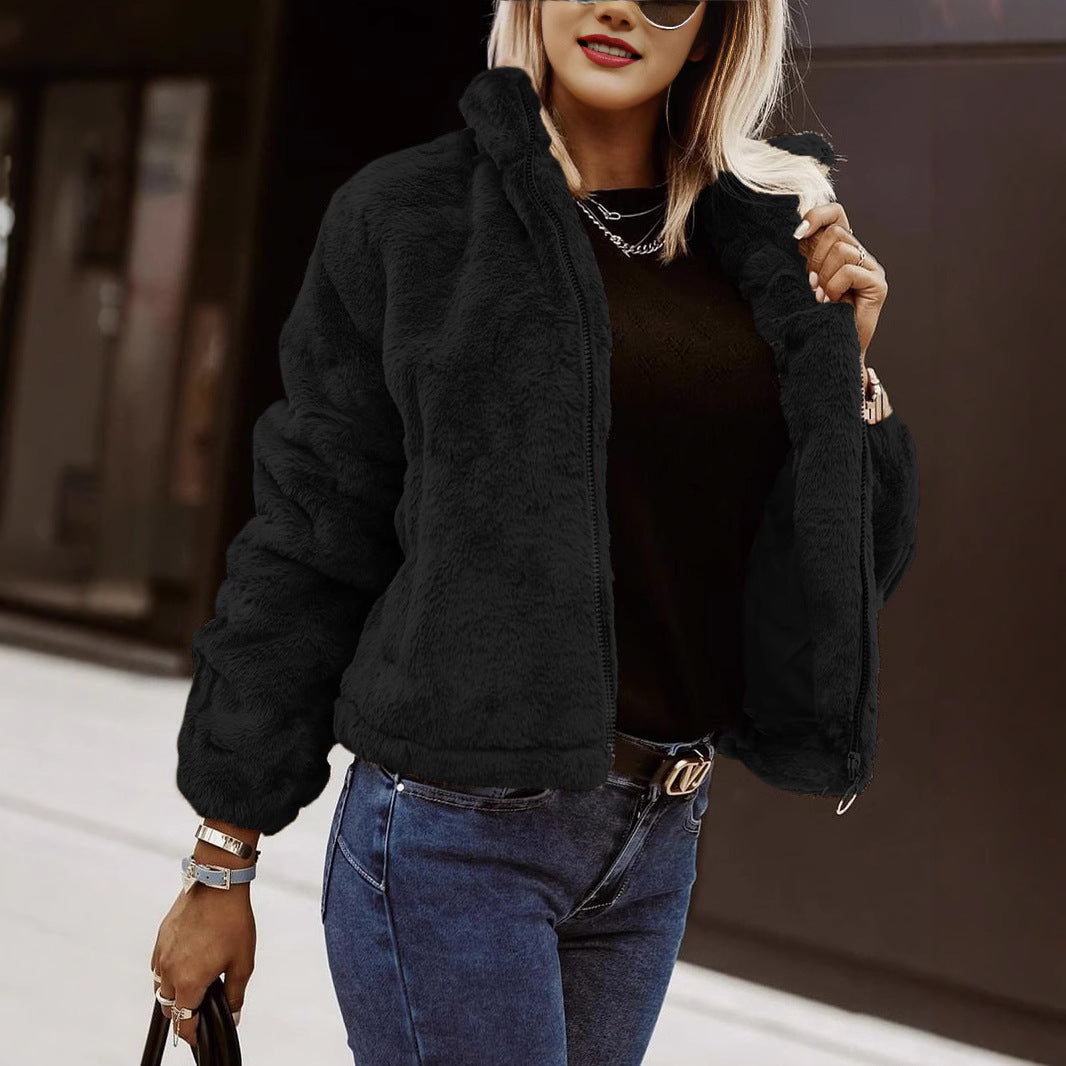 Cendrine | Pluche damesjas met ritssluiting, oversized jas van imitatiebont, winterjas met hoge kraag