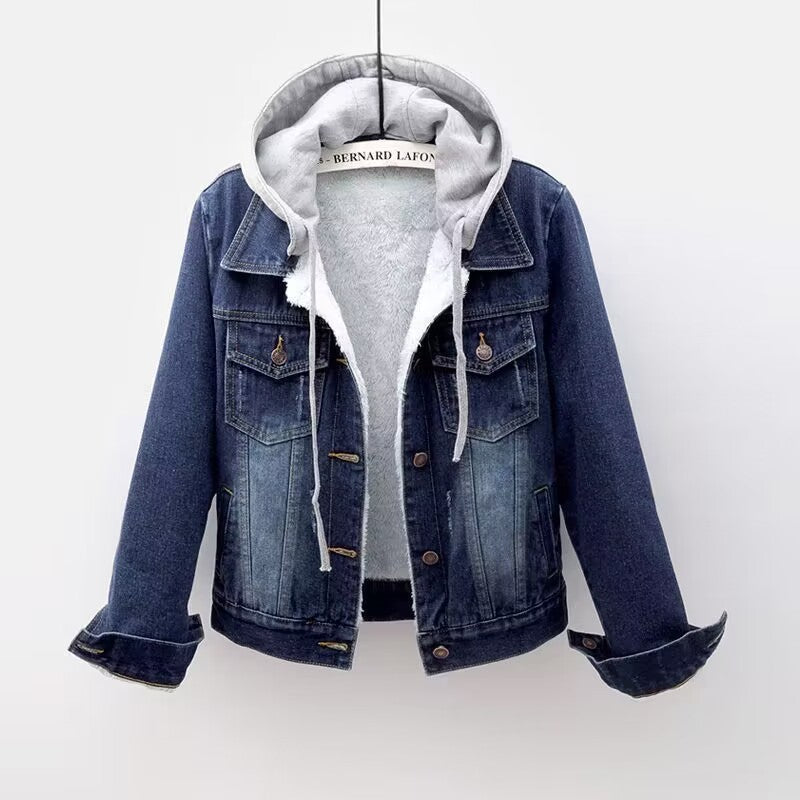 Heloise | Veste en jean pour femme avec doublure sherpa et capuche – effet vintage, manteau d'hiver confortable