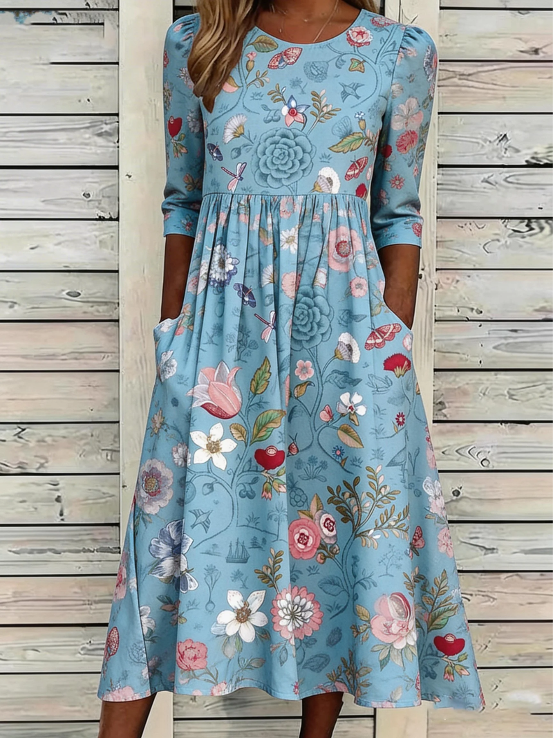 Elanire | Damesjurk met bloemenprint – Comfortabele midijurk, casual zomerjurk met 3/4-mouwen