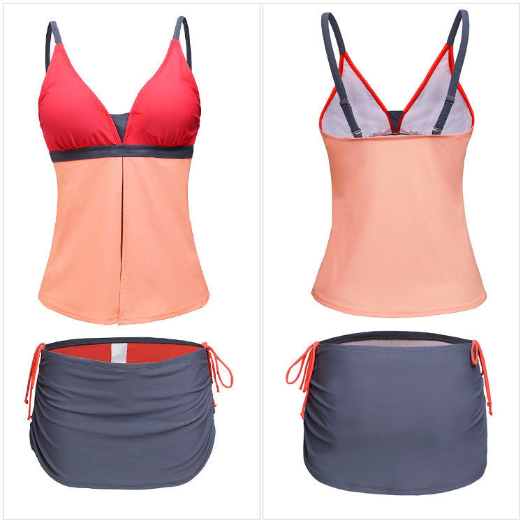 Eryxina | 2-Delige Tankini in Oranje-Roze Colorblock met Skort – Bescheiden Badmode Set