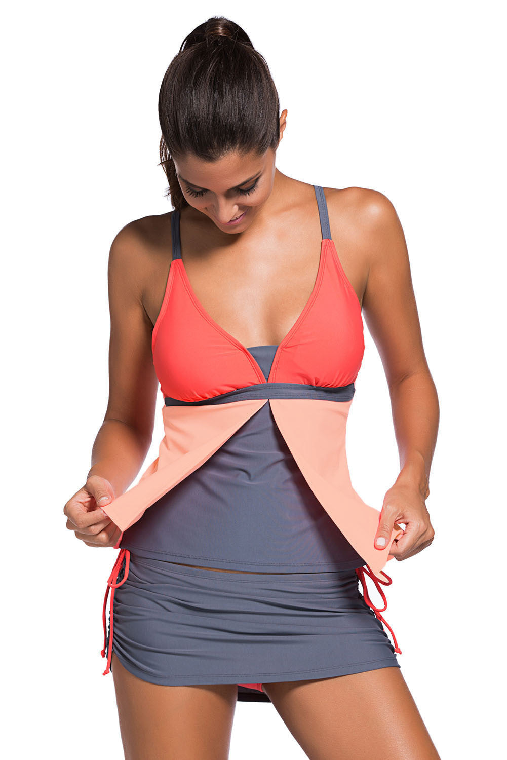 Eryxina | 2-Delige Tankini in Oranje-Roze Colorblock met Skort – Bescheiden Badmode Set