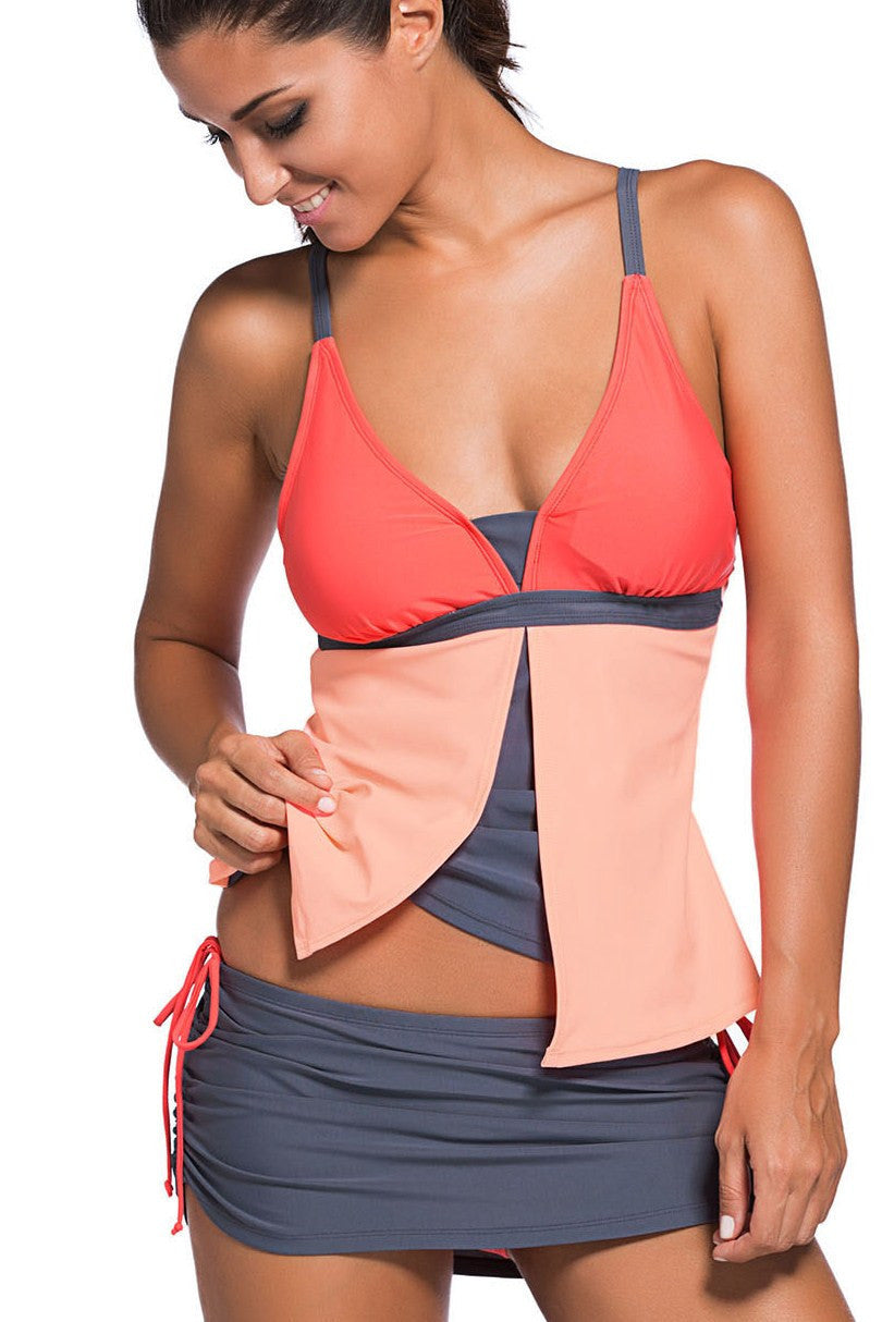 Eryxina | 2-Delige Tankini in Oranje-Roze Colorblock met Skort – Bescheiden Badmode Set