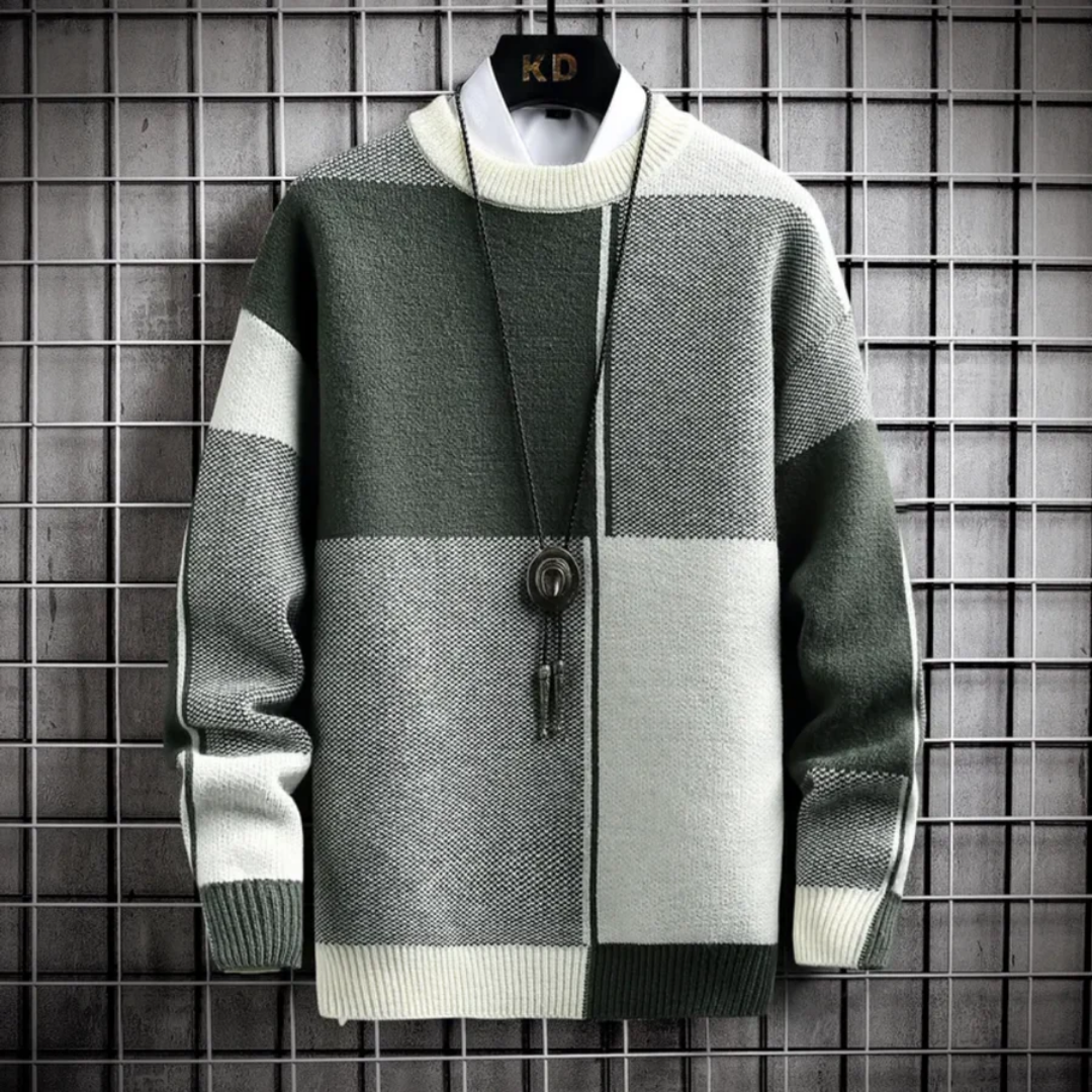 Folkan | Warme herentrui met lange mouwen en ronde hals met geruite patchwork – Comfortabel en stijlvol