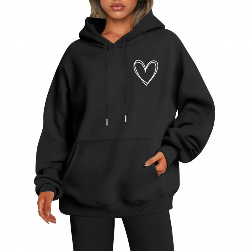 Jorina | Sweat à capuche oversize pour femme, imprimé cœur minimaliste, mélange de coton doux, vêtement d'intérieur décontracté