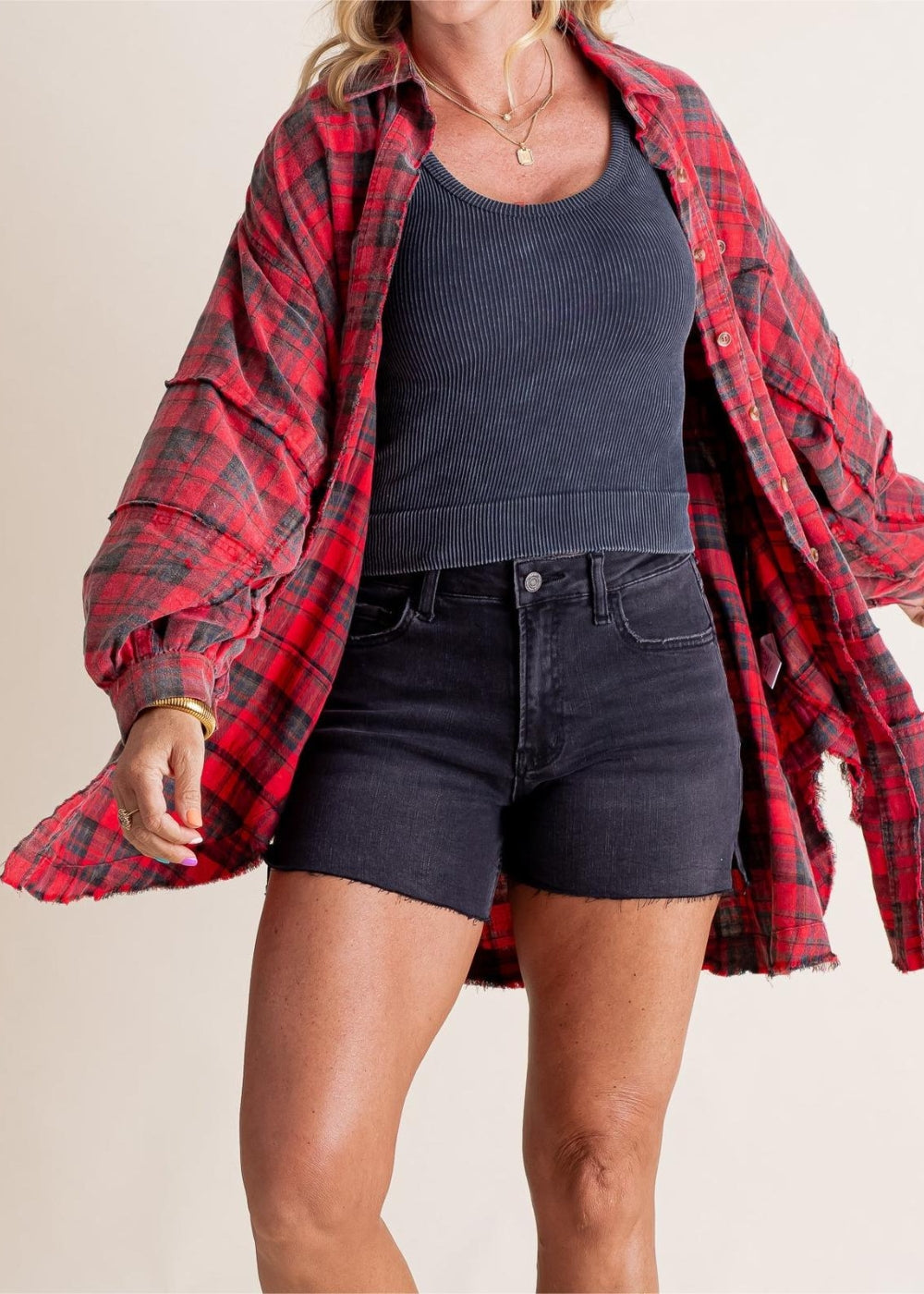 Blanka | Veste-chemise en flanelle rétro oversize à bords francs et poches