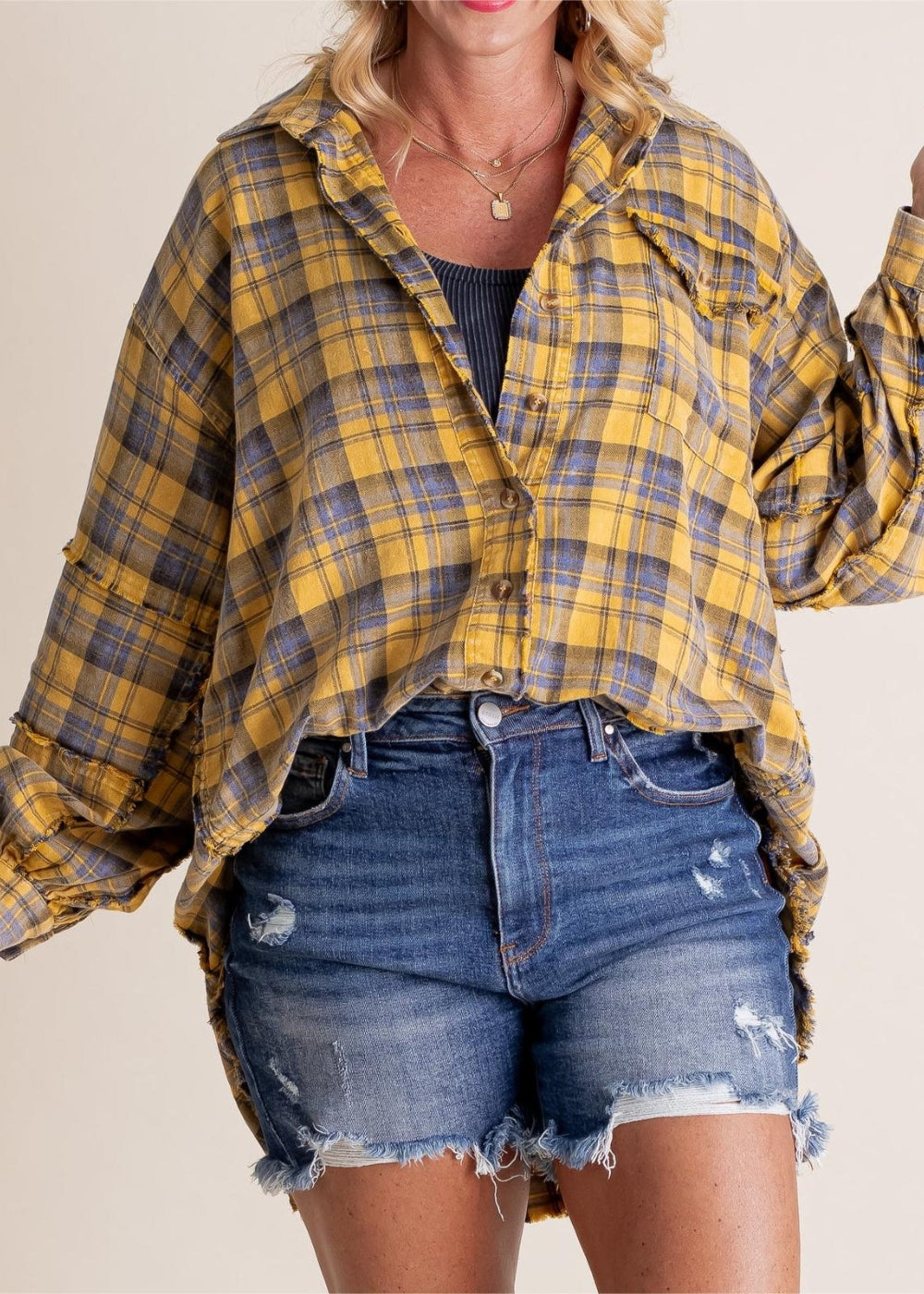 Blanka | Veste-chemise en flanelle rétro oversize à bords francs et poches