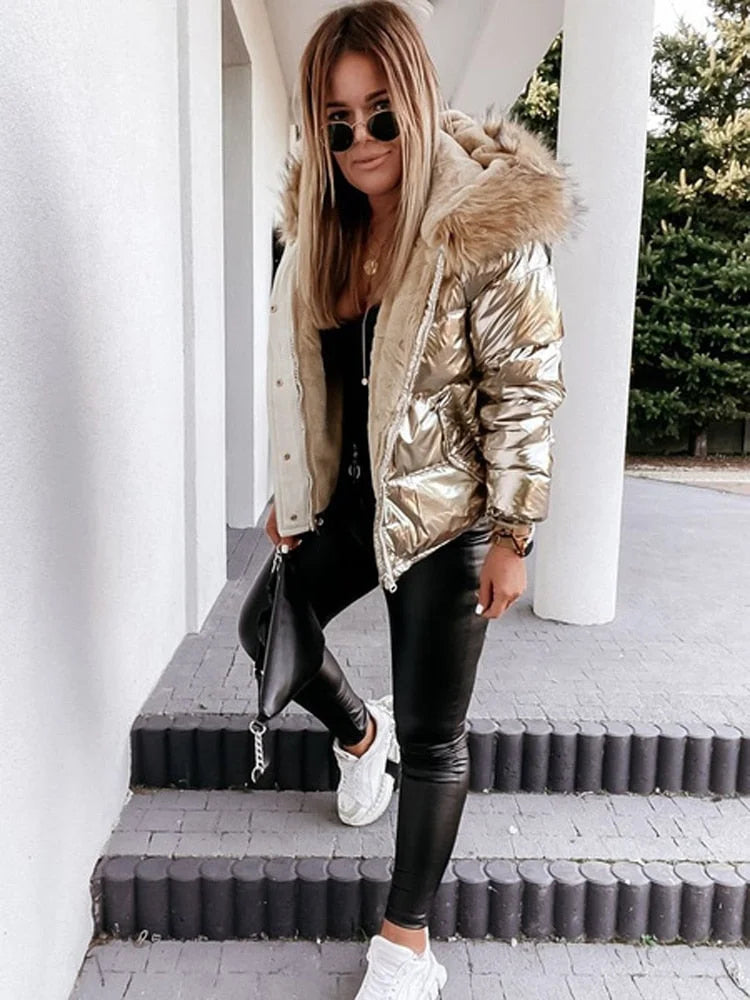 Emalisse | Metallischer Wintermantel für Damen mit Pelzkragen, wattierte Jacke, stilvolle, warme Oberbekleidung