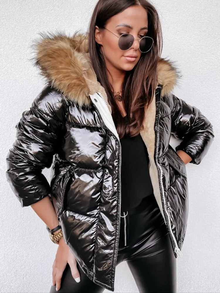 Emalisse | Manteau d'hiver métallisé pour femme avec col en fourrure, doudoune, vêtement d'extérieur chaud et élégant