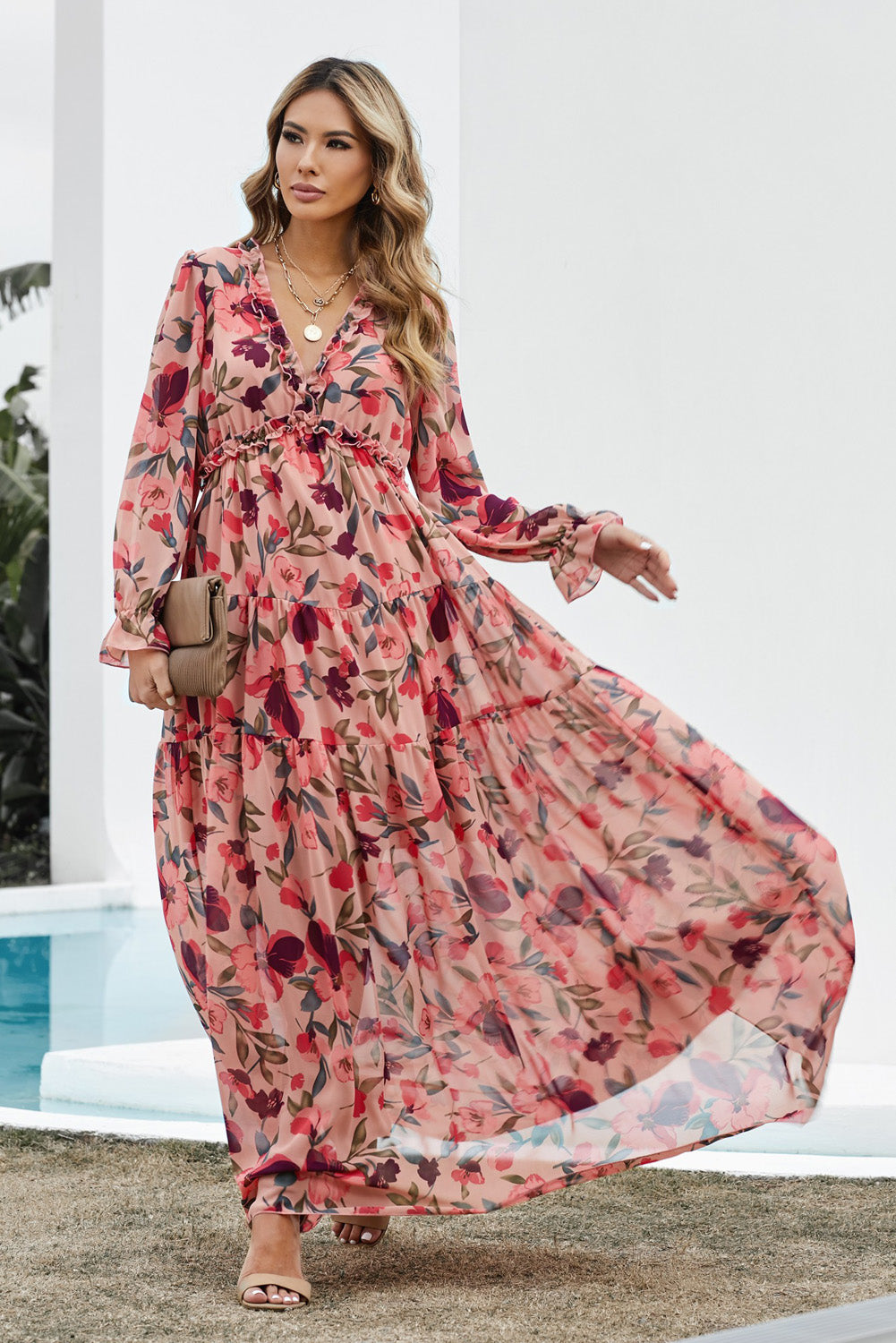 Helvella | Dames Rode Bloemen Maxi Jurk met Lange Mouwen – Boho Jurk