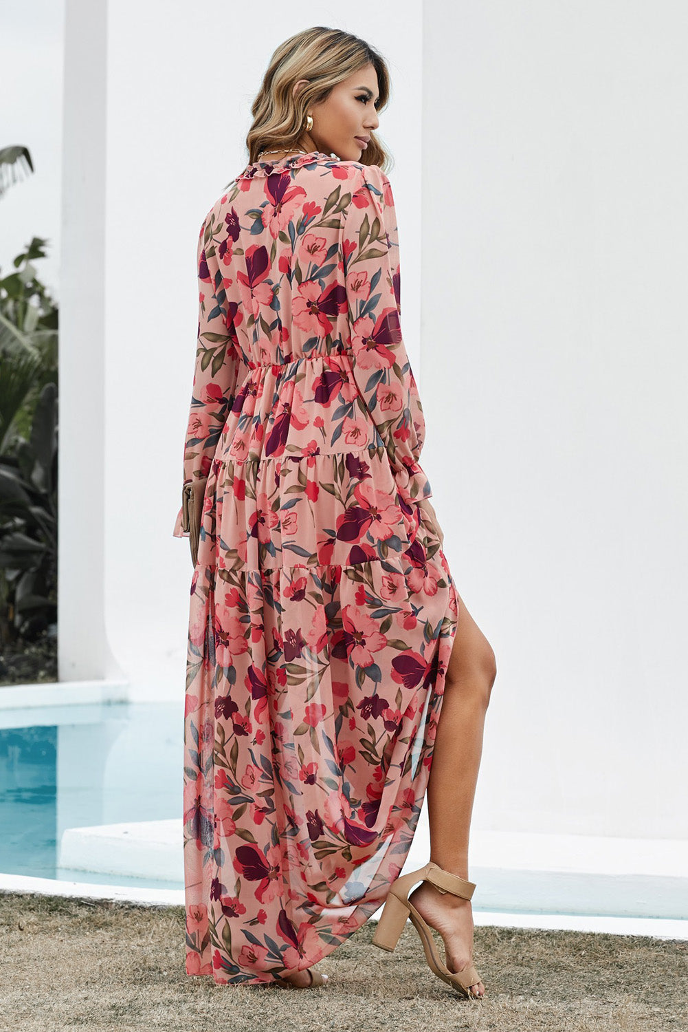 Helvella | Dames Rode Bloemen Maxi Jurk met Lange Mouwen – Boho Jurk