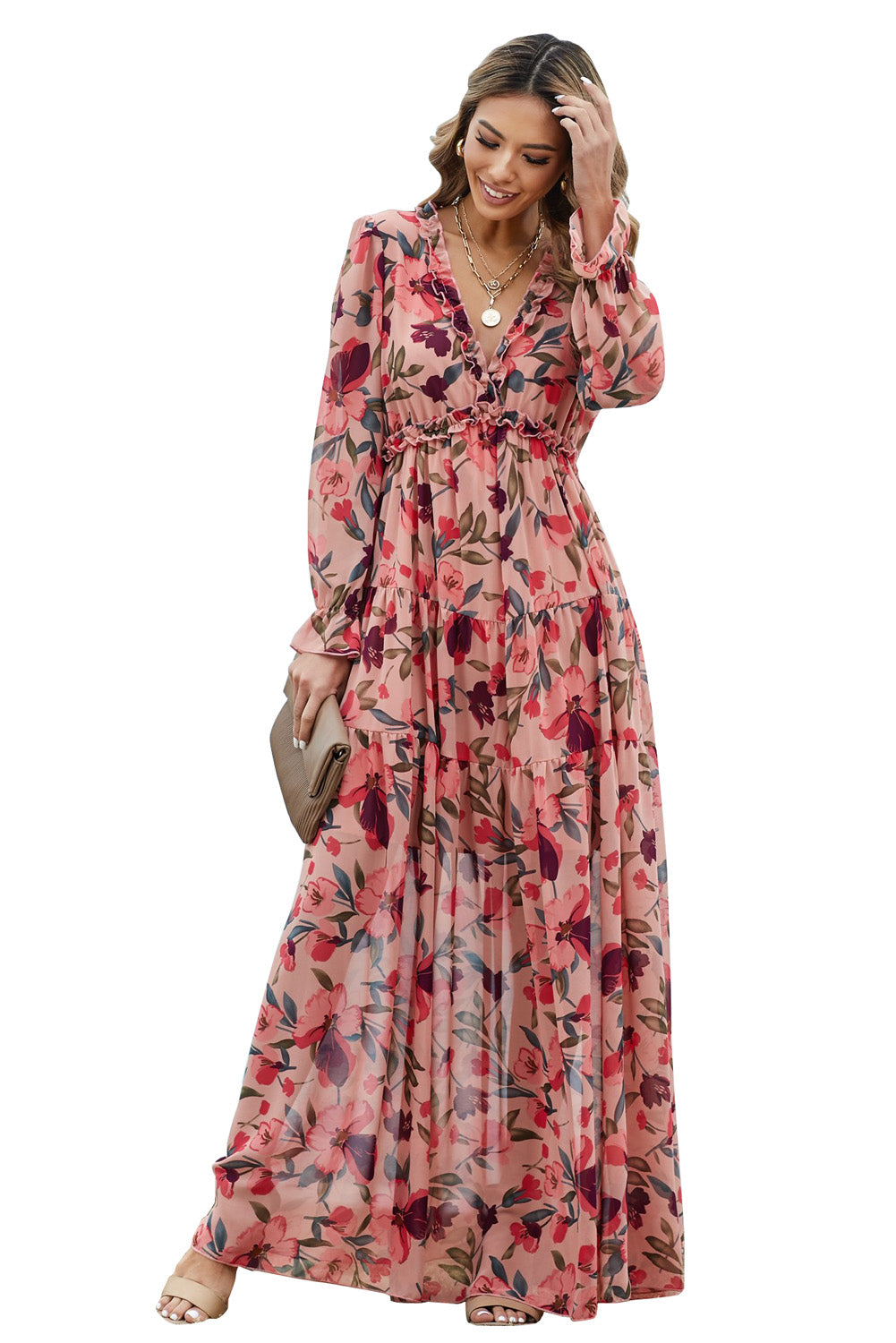Helvella | Dames Rode Bloemen Maxi Jurk met Lange Mouwen – Boho Jurk
