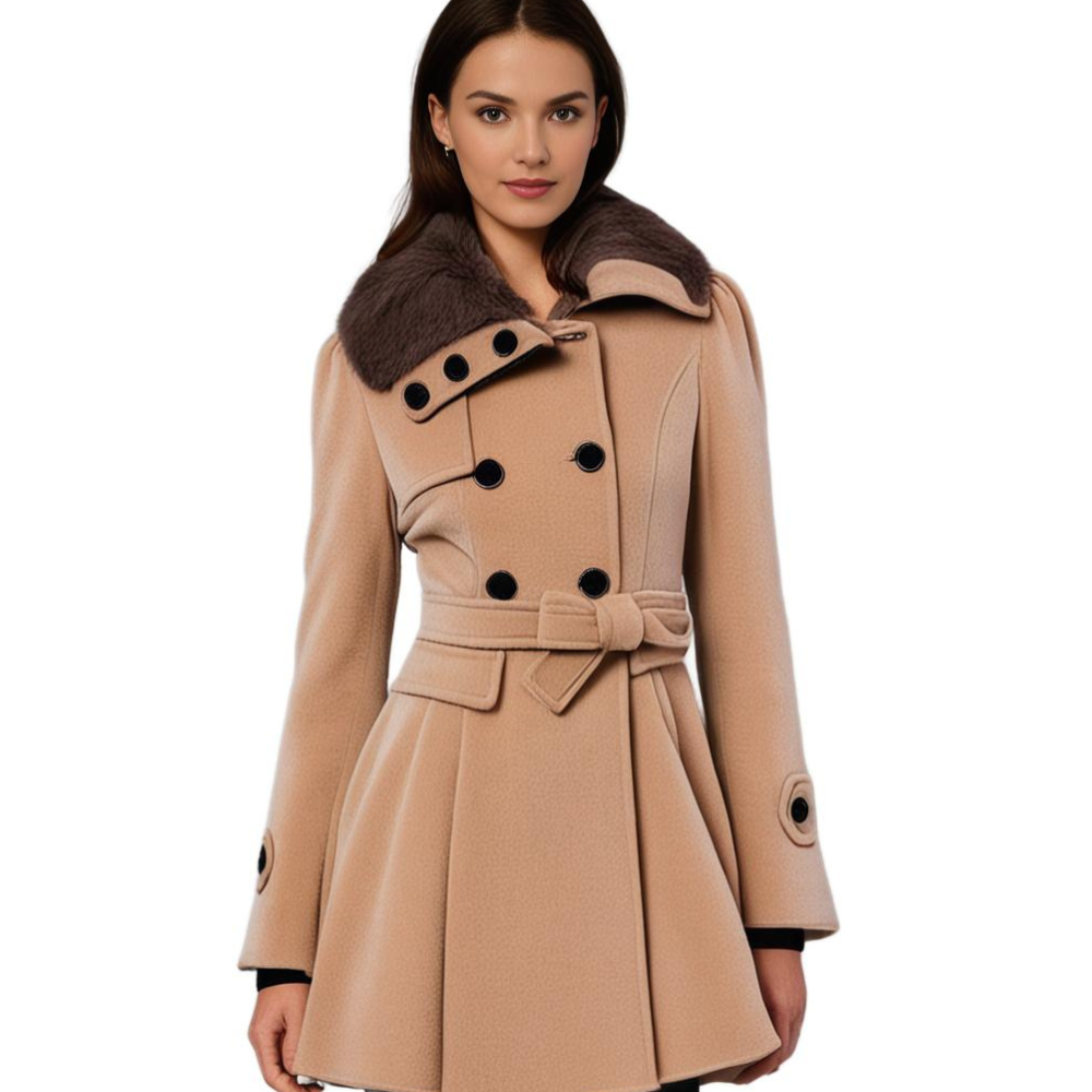 Almera | Manteau d'hiver pour femme – doublure en fourrure, croisé, ceinture, chaud et élégant