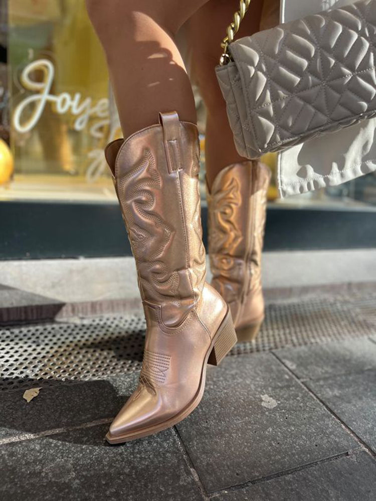 Stellara | Bottes de cowboy métallisées pour femmes, semelle épaisse, bout pointu, chaussures d'automne élégantes
