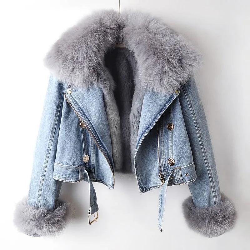Kalisse | Veste en jean luxueuse pour femme – doublée de fourrure de renard, chaude et chic