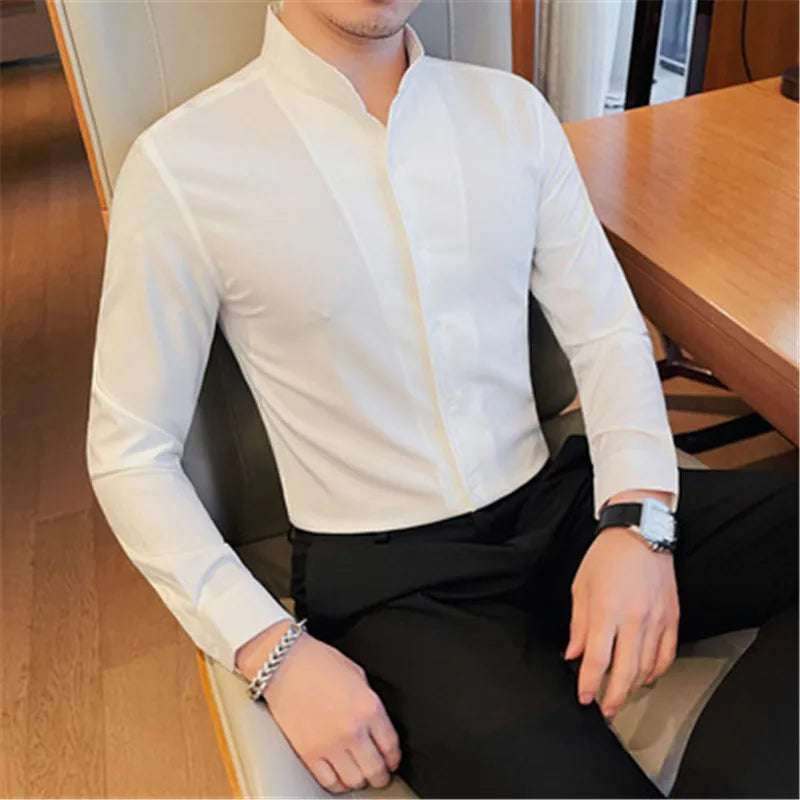 Phileas | Herren-Langarmhemd mit Stehkragen, schmale Passform, Hochzeits- und Businesshemd