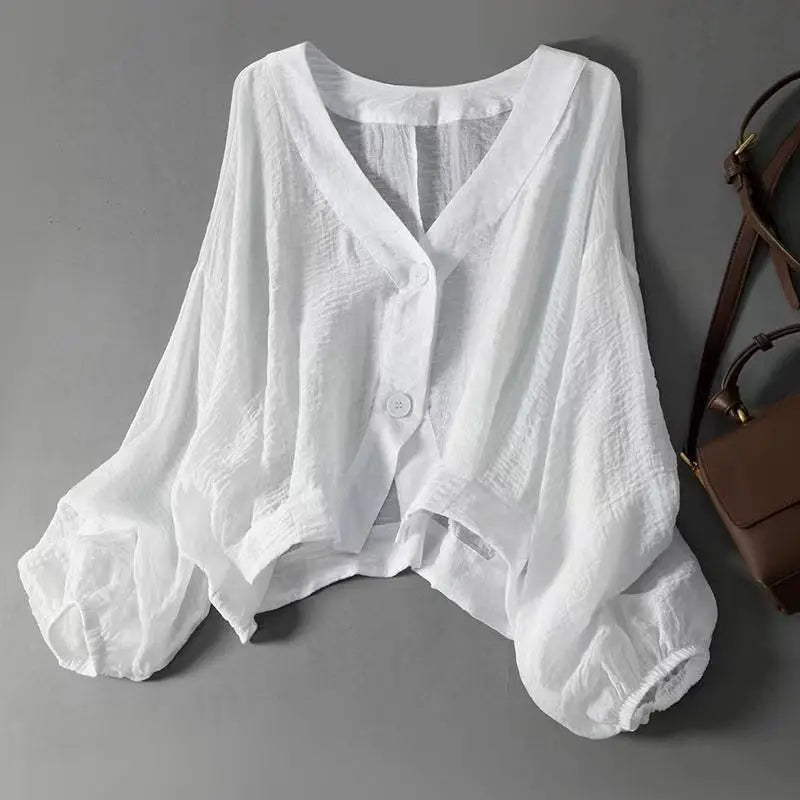 Azelia | Dames Blouse van Linnenmix – Luchtige Top met Lange Mouwen en Ballonmouwen