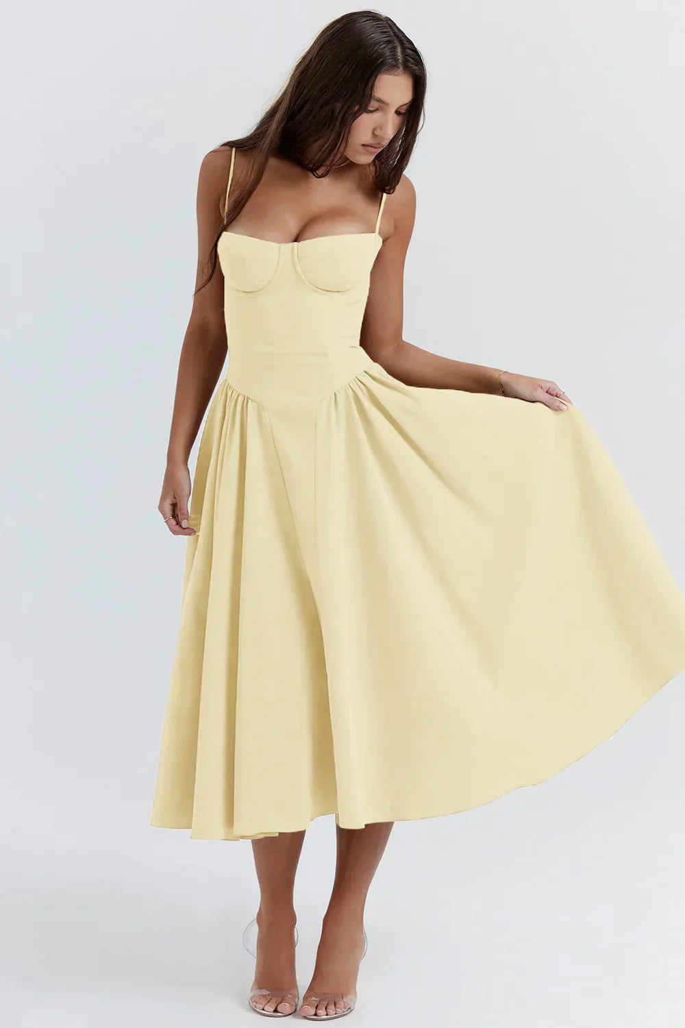 Isoria | Dames strapless geplooide midi-jurk – elegante A-lijn cocktailjurk