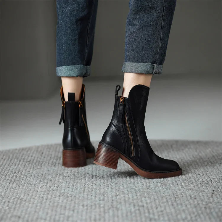 Zyella | Damen-Lederstiefel mit markantem Blockabsatz – seitlicher Reißverschluss, stilvolle, lässige und elegante Schuhe