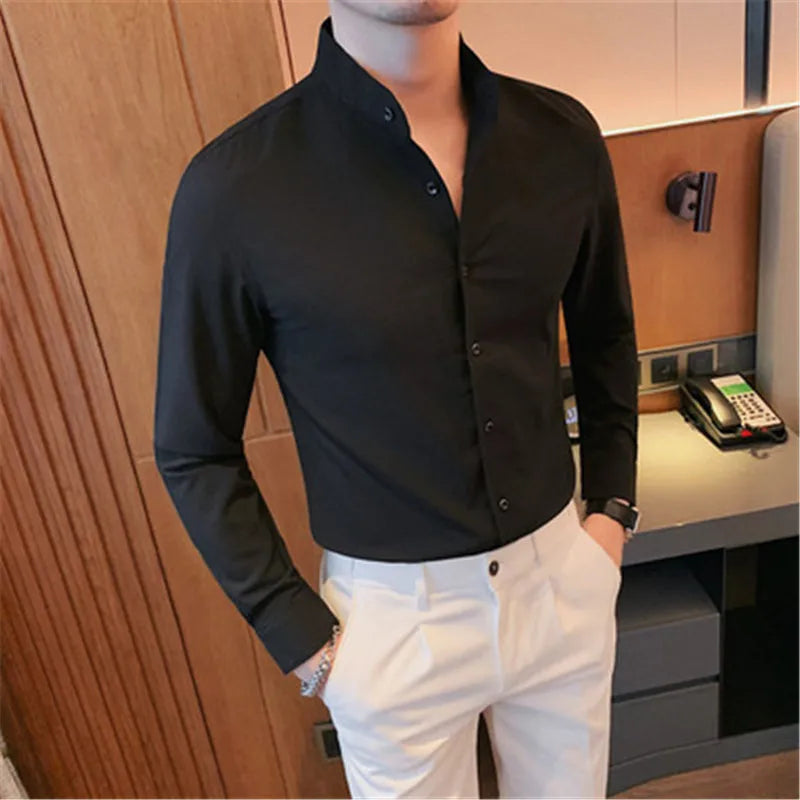 Phileas | Chemise homme à manches longues, col montant, coupe ajustée, idéale pour les mariages et les occasions professionnelles