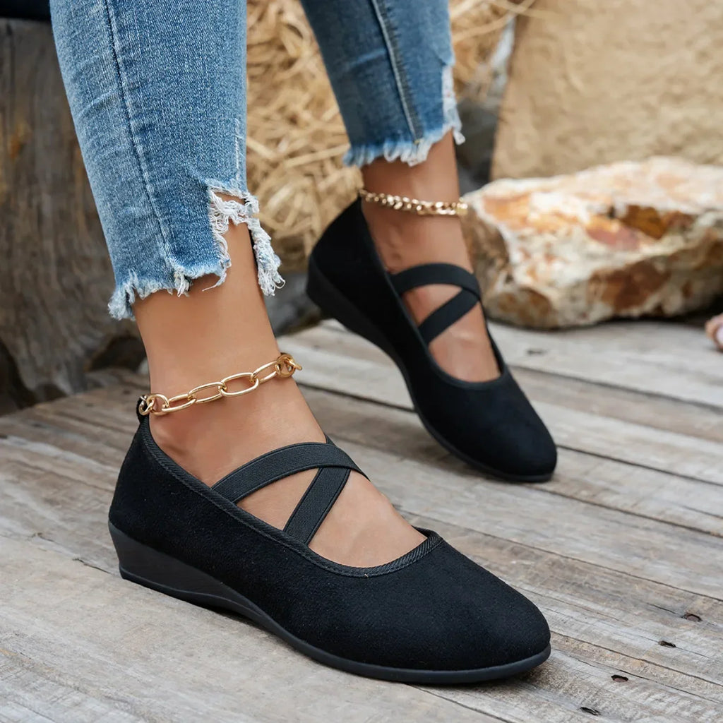 Eirene | Dames instappers met gekruiste band – Comfortabele gesloten ballerina’s met lage hak, nette schoenen