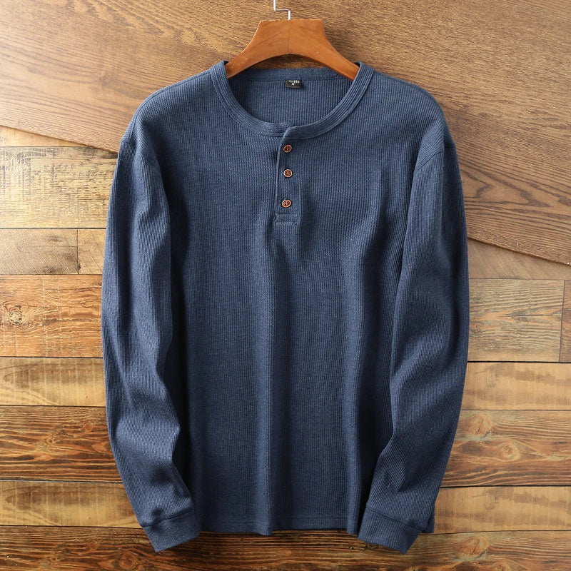 Aleksander | Herren-Henley-Shirt mit langen Ärmeln – Waffelstrick, hochwertige Baumwollmischung