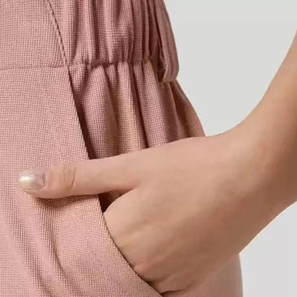 Zira | Dames wijde broek van wafelkatoen – hoge taille elastische lounge broek