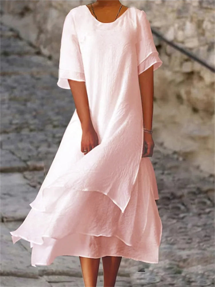 Ayri | Elegant Flow dubbellaagse midijurk – korte mouwen, ronde hals
