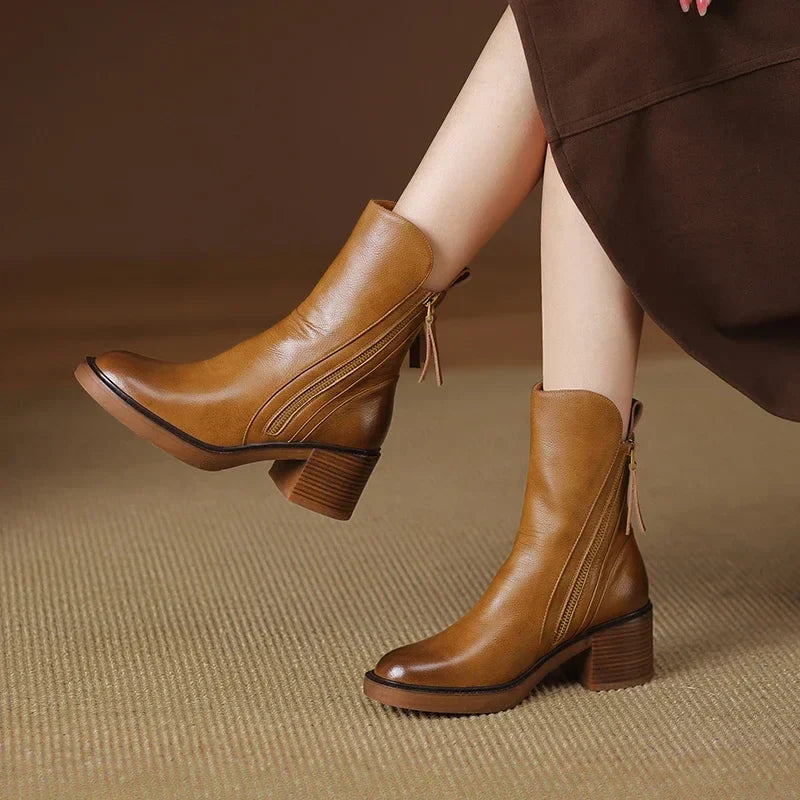 Zyella | Damen-Lederstiefel mit markantem Blockabsatz – seitlicher Reißverschluss, stilvolle, lässige und elegante Schuhe