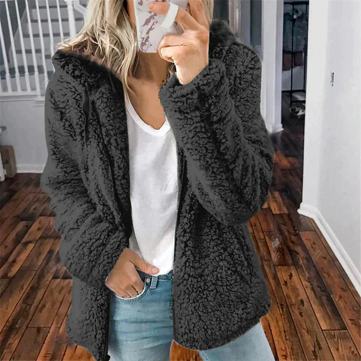 Novera | Manteau teddy chaud pour femme avec capuche – fermeture éclair intégrale, isolé, manteau d'hiver confortable