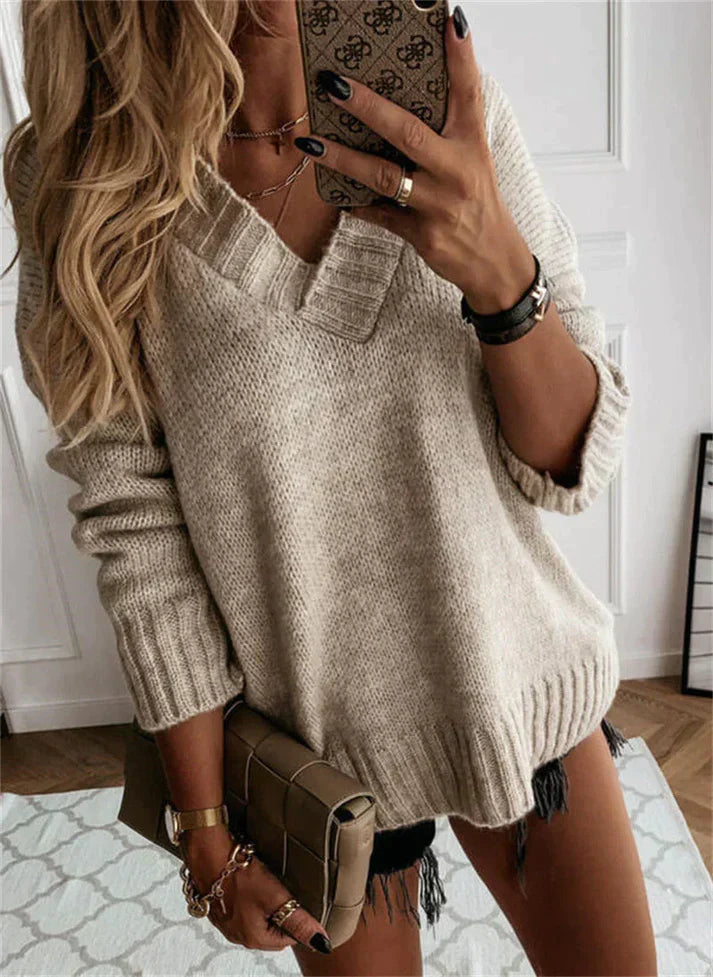 Glacira | Stilvoller Grobstrickpullover für Damen – V-Ausschnitt, bequemer Winterpullover mit Rippbündchen