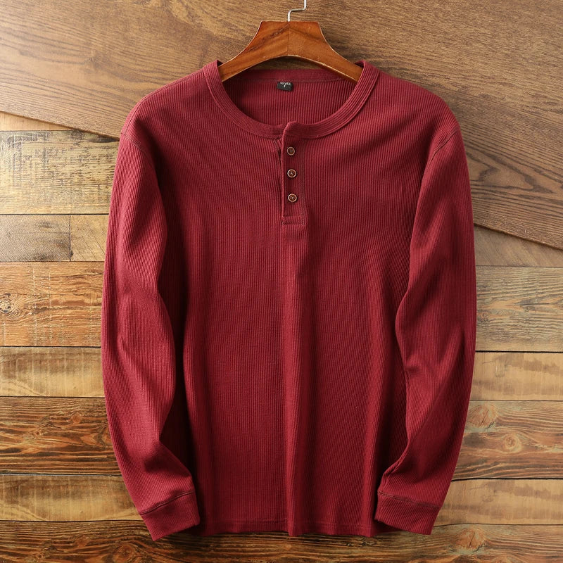 Aleksander | Herren-Henley-Shirt mit langen Ärmeln – Waffelstrick, hochwertige Baumwollmischung