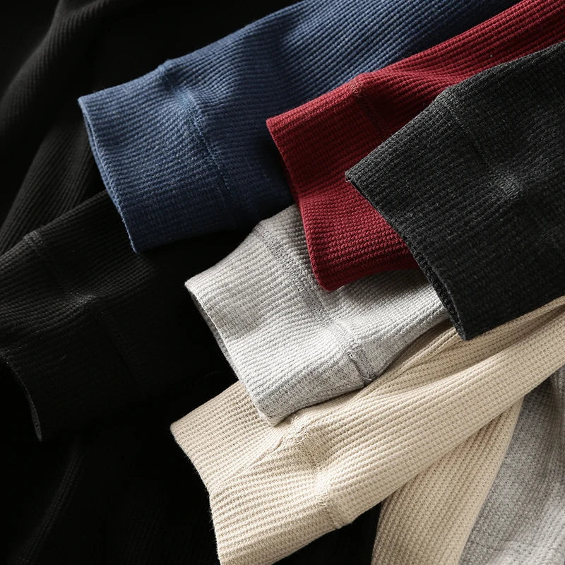 Aleksander | Herren-Henley-Shirt mit langen Ärmeln – Waffelstrick, hochwertige Baumwollmischung