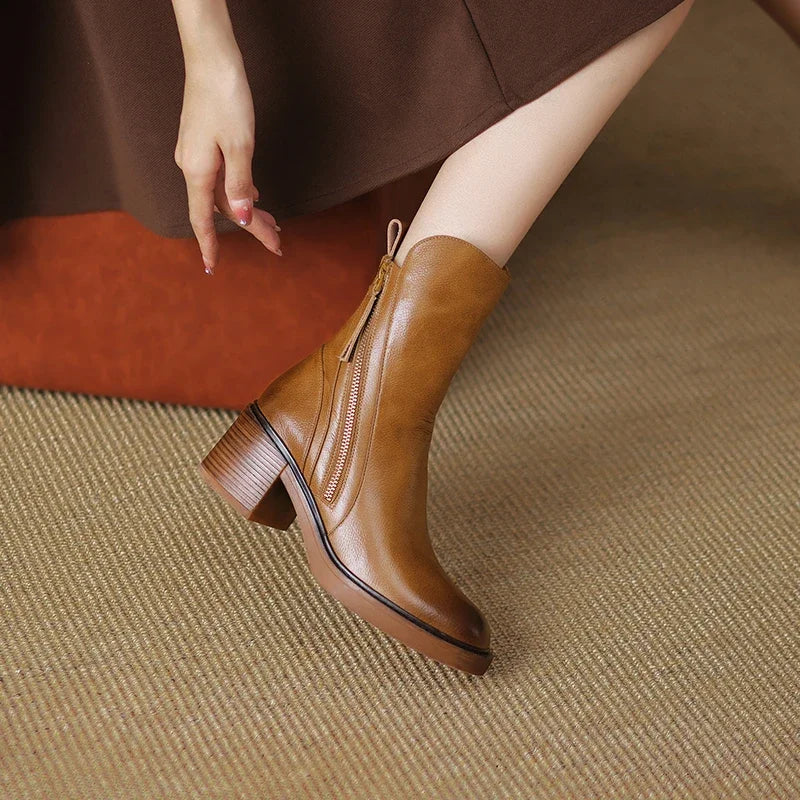 Zyella | Damen-Lederstiefel mit markantem Blockabsatz – seitlicher Reißverschluss, stilvolle, lässige und elegante Schuhe