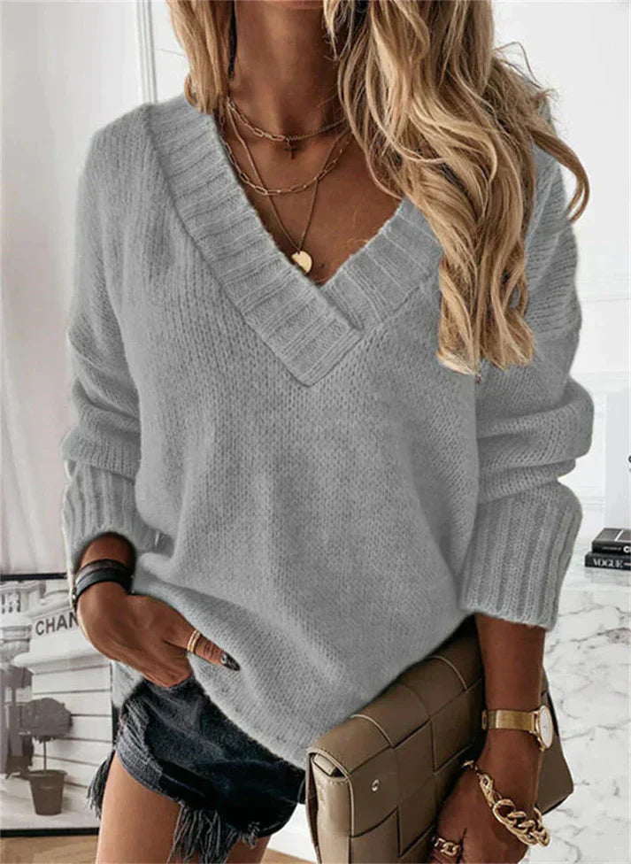 Glacira | Stilvoller Grobstrickpullover für Damen – V-Ausschnitt, bequemer Winterpullover mit Rippbündchen