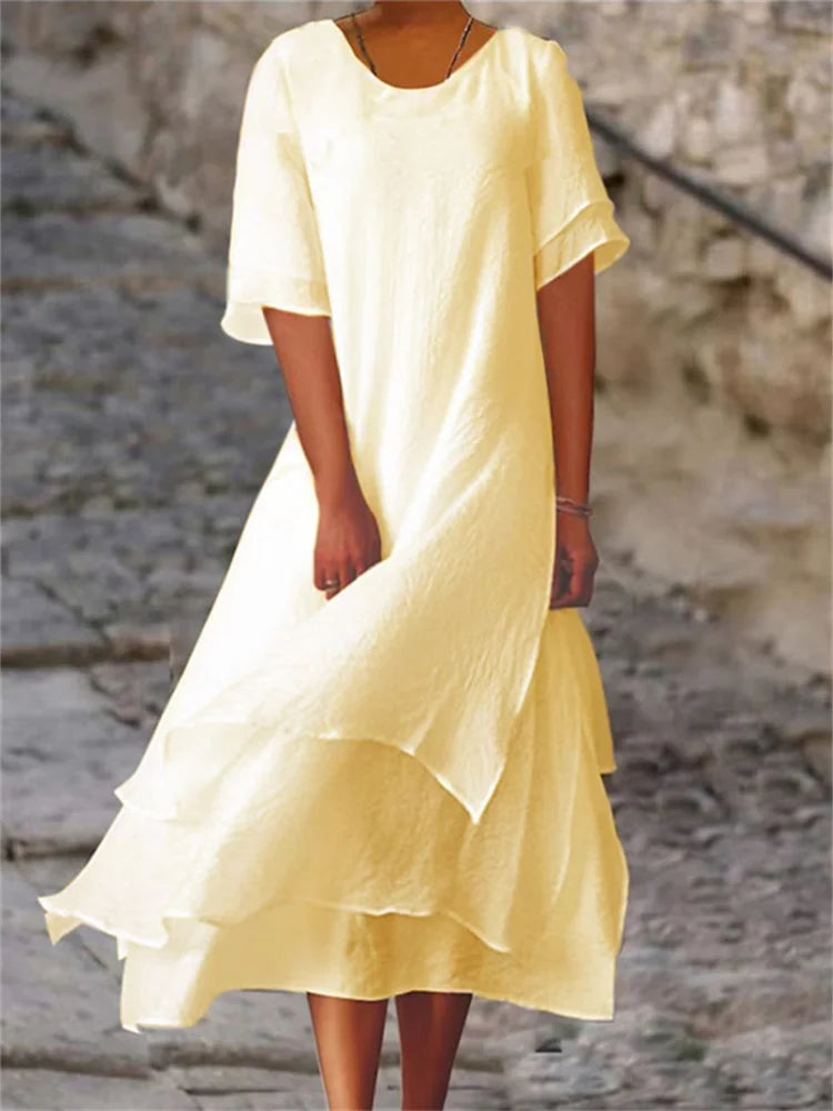 Ayri | Elegant Flow dubbellaagse midijurk – korte mouwen, ronde hals