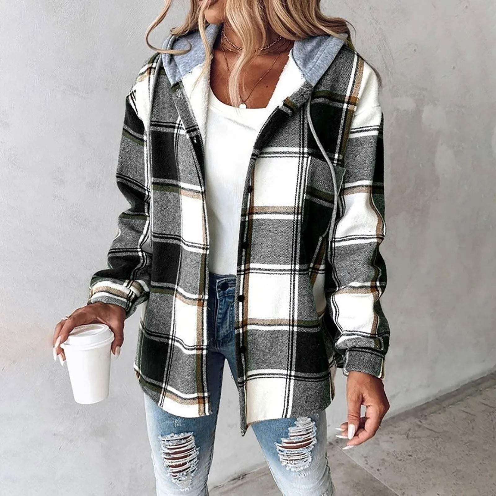 Quessirae | Manteau à capuche à carreaux colorés pour femme, manteau à carreaux décontracté, manteau d'hiver chaud