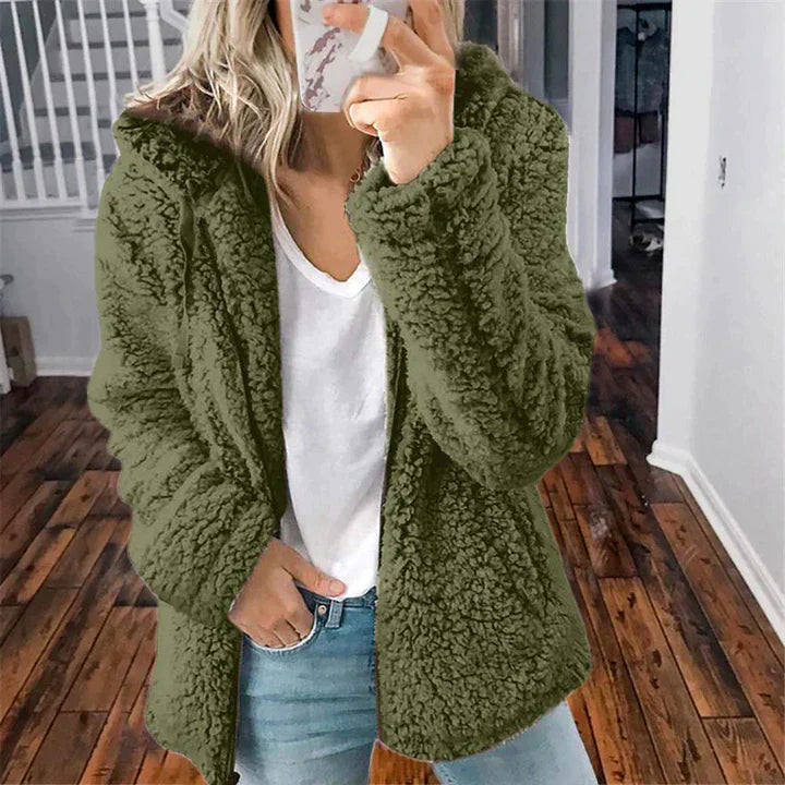 Novera | Manteau teddy chaud pour femme avec capuche – fermeture éclair intégrale, isolé, manteau d'hiver confortable